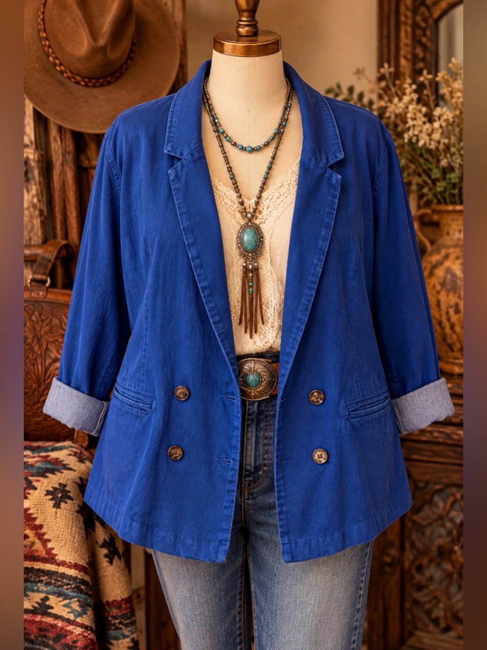Lane Bryant- western style- cobalt Blue Denim -Double-Breasted Jacket - size 22